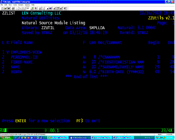 ZZLIST Natural source listing: listing lda
