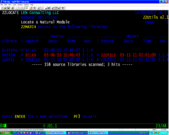 ZZLOCATE locate a Natural module - sample 1 results